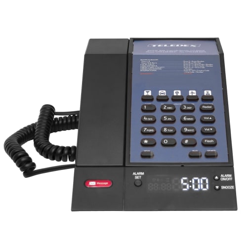Teléfono de Una Sola Línea Teledex® M100 Series, con Cable, Altavoz y Reloj Despertador, 5 Teclas para Huésped, Negro